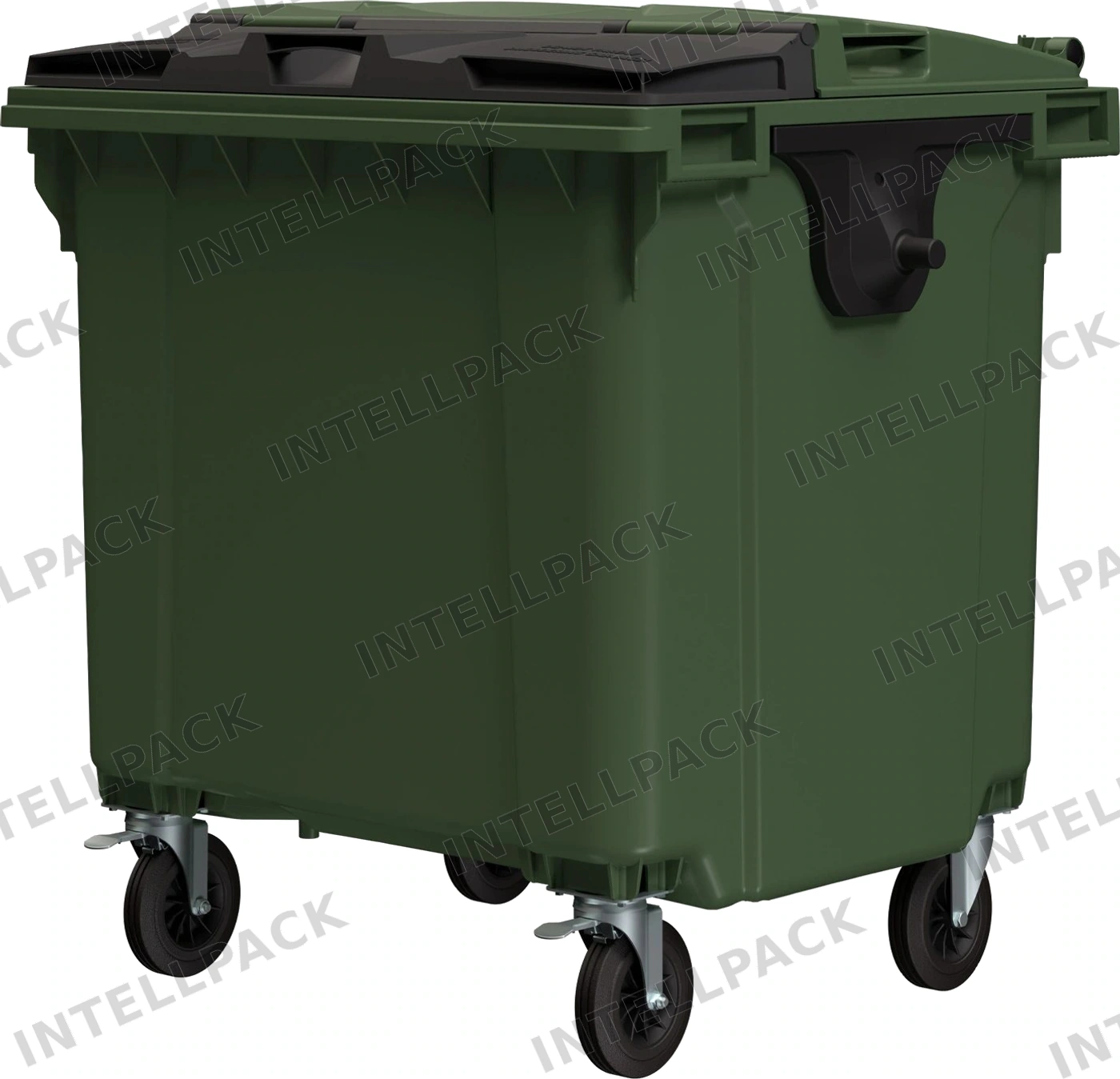 Мусорный контейнер 1100 л iPlast зелёный 4-колёсный с зелёной крышкой и тёмно-серой крышкой SplitLid