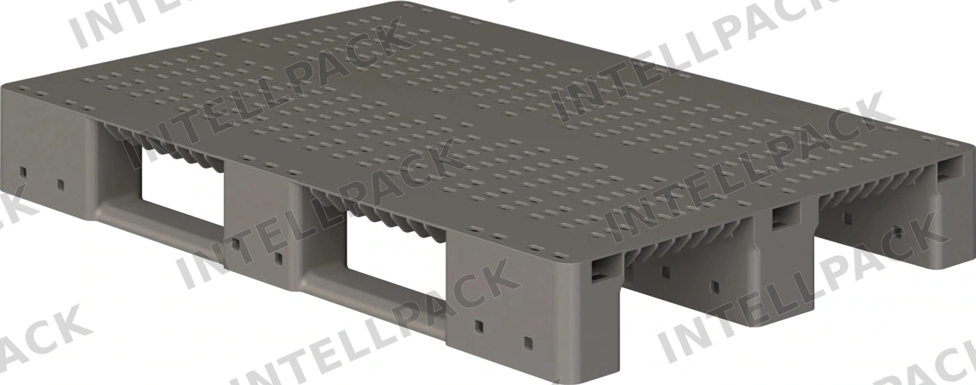Пластиковый паллет 1200x800x150 мм iPlast серый перфорированный на 3 полозьях без бортика