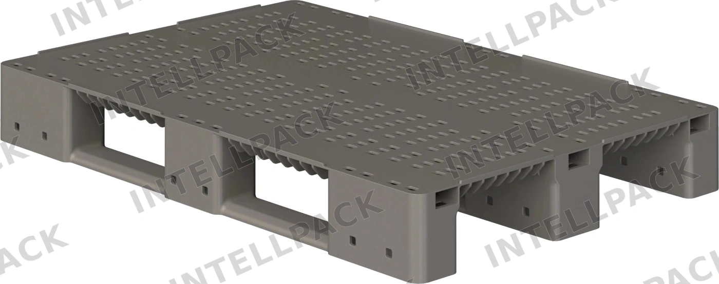 Пластиковый паллет 1200x800x150 мм iPlast серый перфорированный на 3 полозьях с бортиком