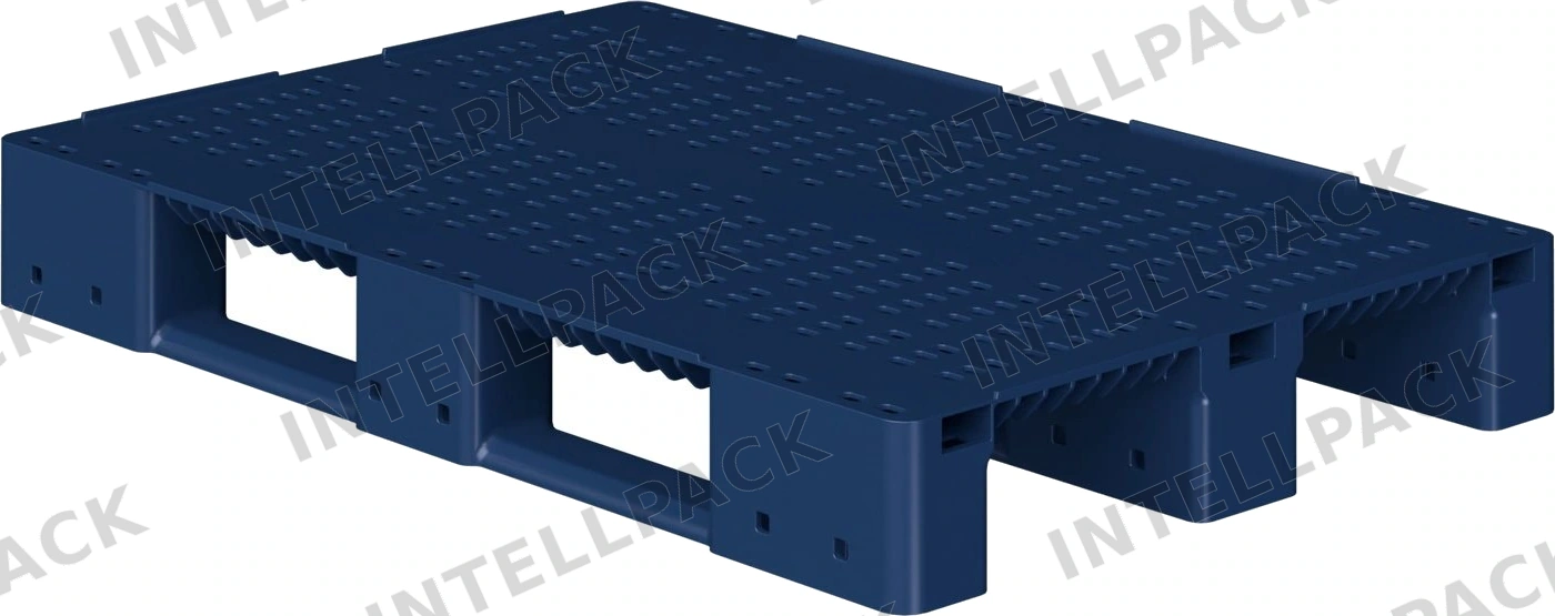 Пластиковый паллет 1200x800x150 мм iPlast синий индиго перфорированный на 3 полозьях с бортиком