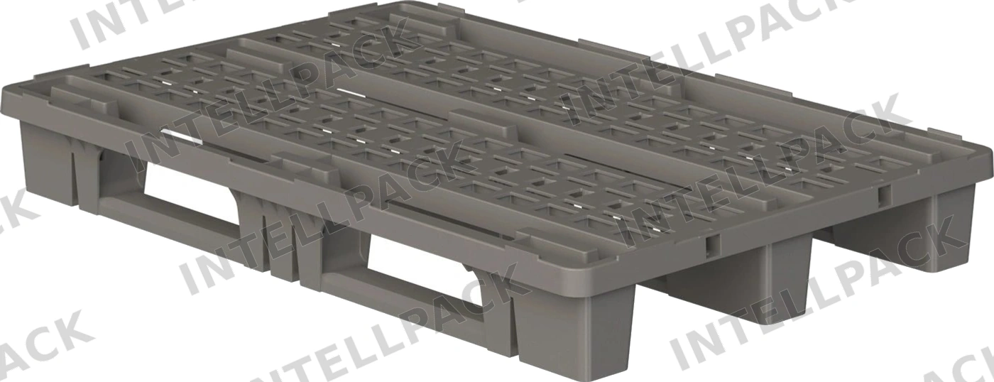 Пластиковый паллет 1200x800x153 мм iPlast серый перфорированный на 3 полозьях с бортиком